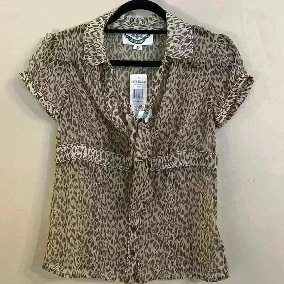 BB Dakota Tops - BB Dakota White Brown Button Front Leopard Print Top Blouse M Anthropologie NWT